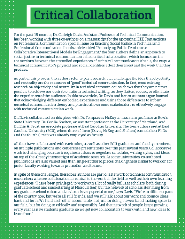 a screen capture of a story about a Dr. Carleigh Davis's collaboration with three other professors on an article for the IEEE Transactions on Professional Communication